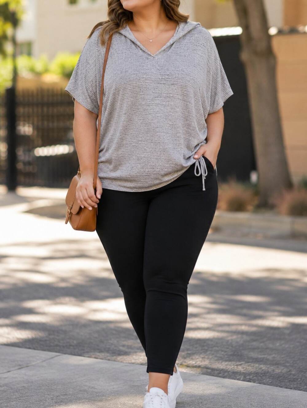Active Zone Plus Size Light Gray Striped V-Neck Hooded Pullover Top Casual